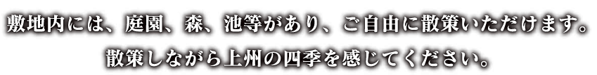 敷地内には、庭園、森、池等があり、ご自由に散策いただけます。散策しながら上州の四季を感じてください。